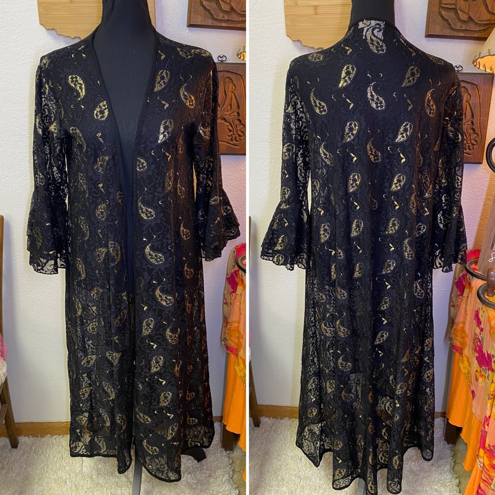 Grace + Emma Open Front Black Gold Lace Bell Sleeve Duster Kimono Whimsigoth S/M - Picture 2 of 12